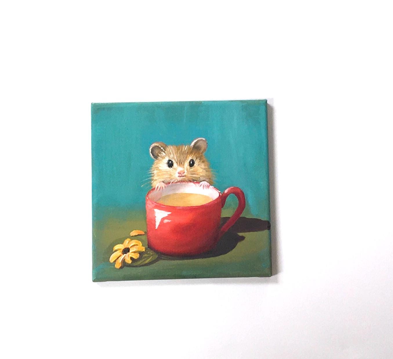 Original oil painting 8x8 inches pet hamster red cup art ready ooak wall hanging gift