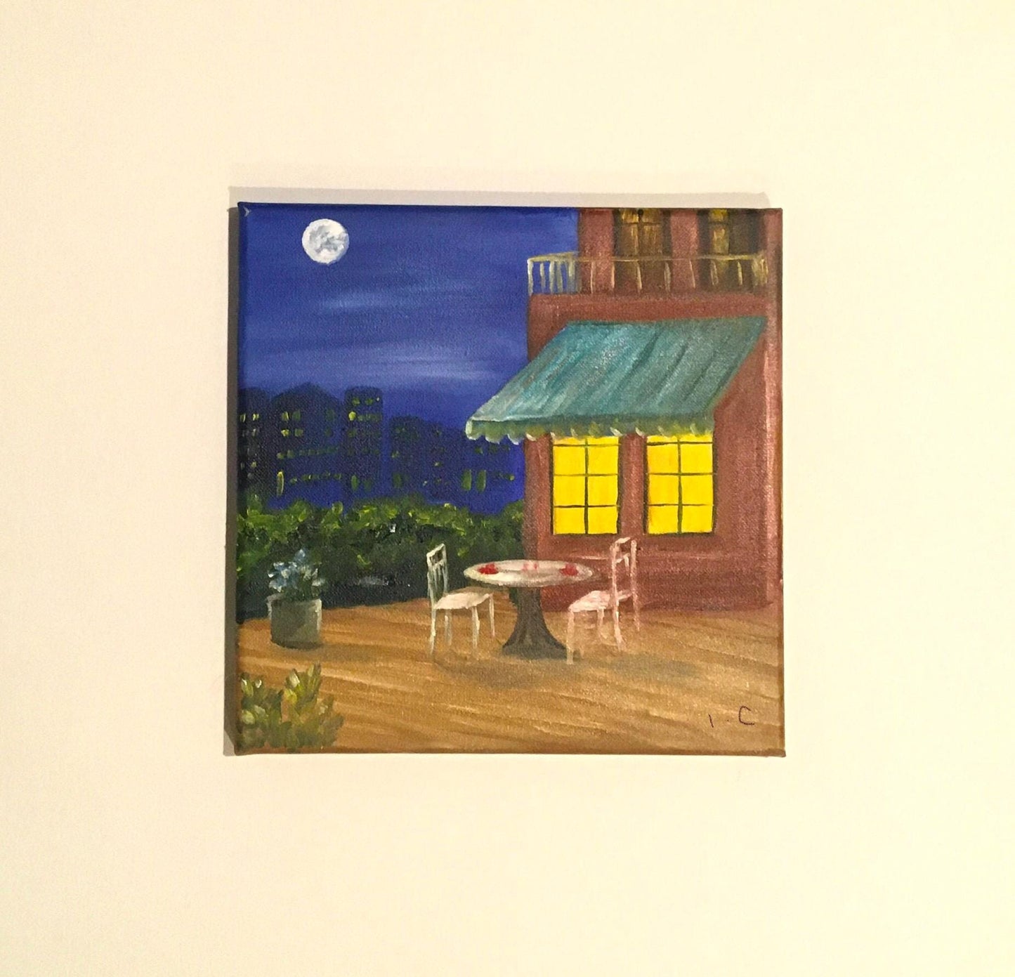 Framed art Cafe table outside night full moon Original oil painting wall hanging