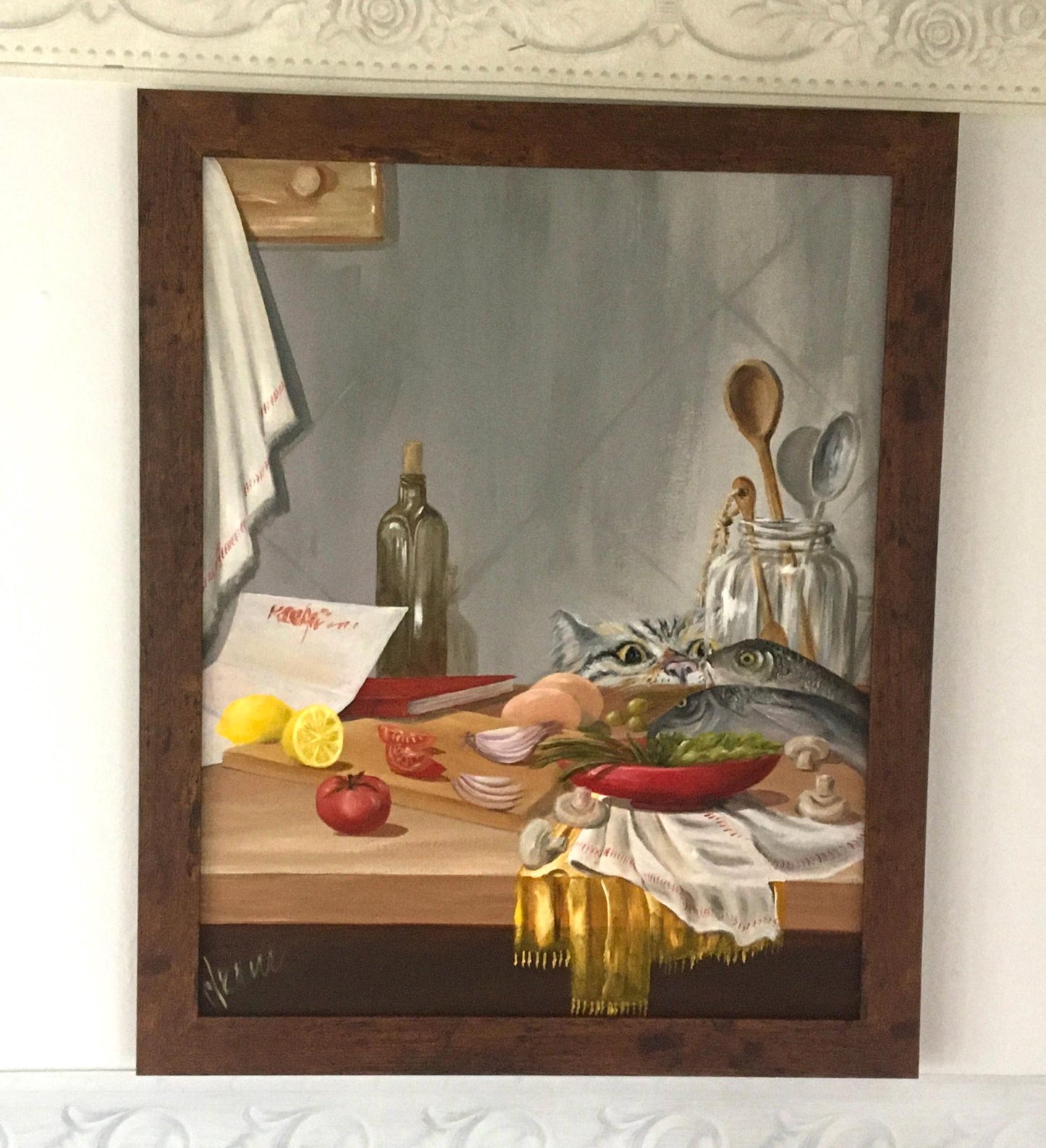 Original oil painting cute cat fish kitchen art ready ooak wall hanging gift