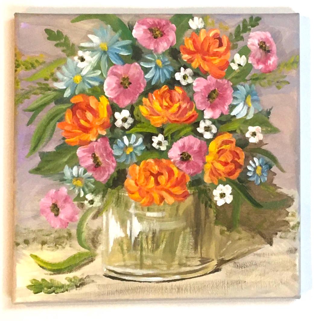 10x10 Original oil painting flowers in a vase art ready ooak wall hanging gift