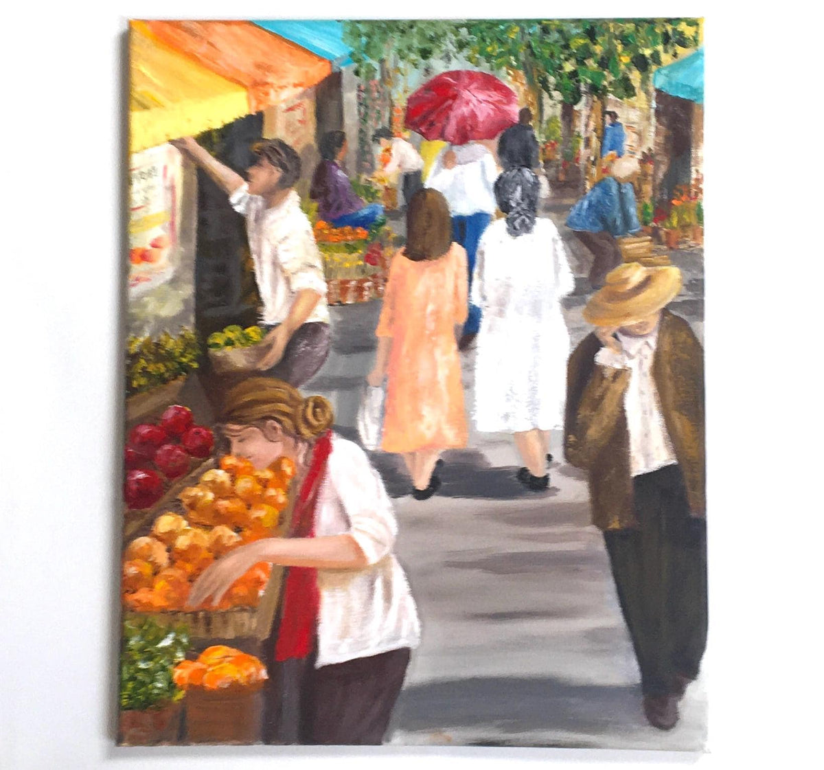 Farmers market shops 16x20 inches Original oil painting art wall hanging