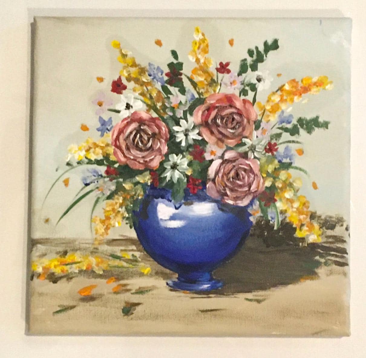 Framed Original oil painting colorful flowers in a vase art ready ooak wall hanging gift