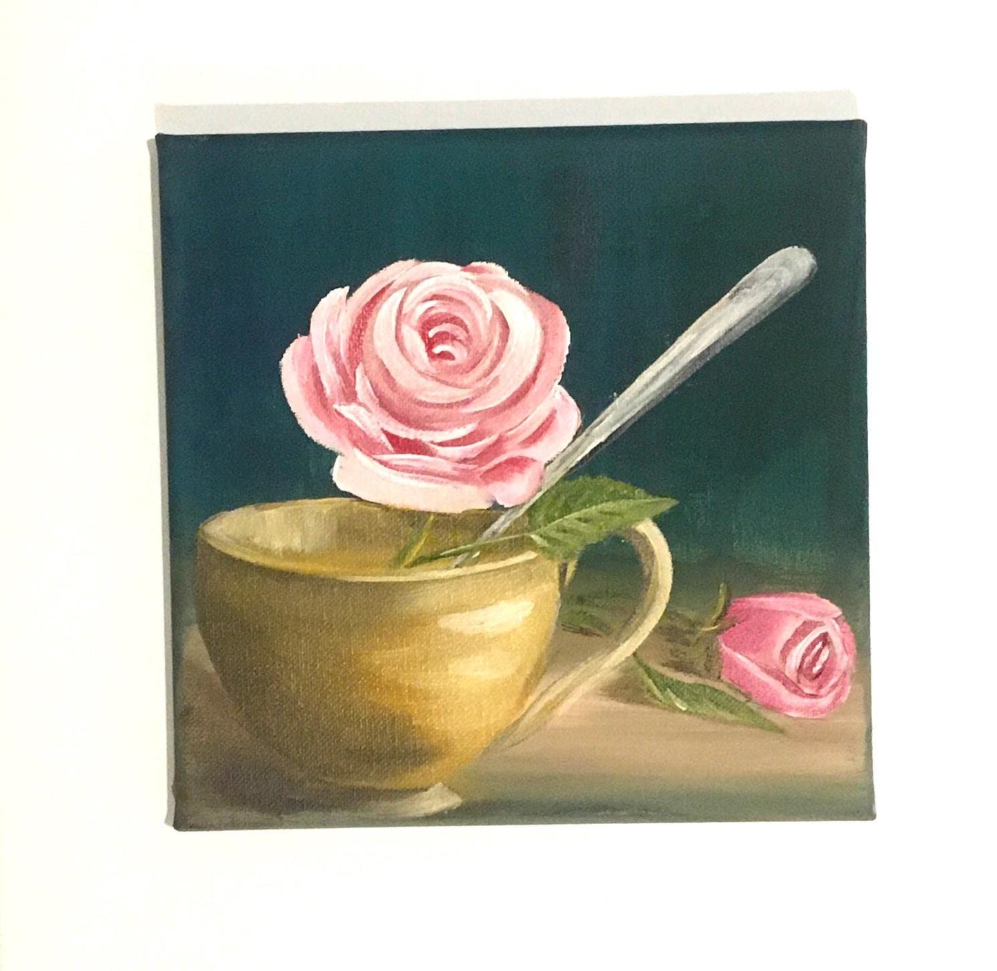 Original oil painting 8x8 inches pink rose flower in a teacup art ready ooak wall hanging gift