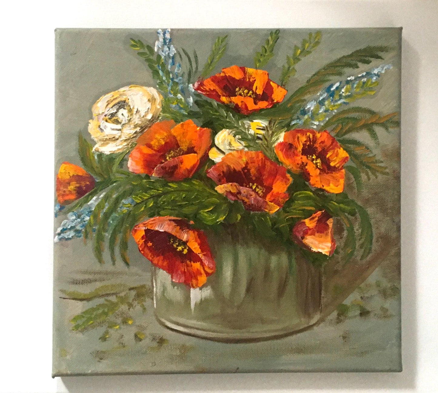 10x10 Original oil painting red flowers in a vase art ready ooak wall hanging gift