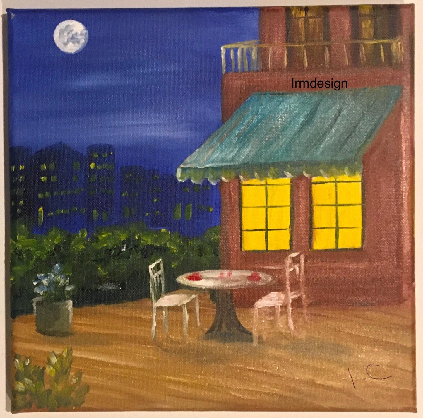 Framed art Cafe table outside night full moon Original oil painting wall hanging