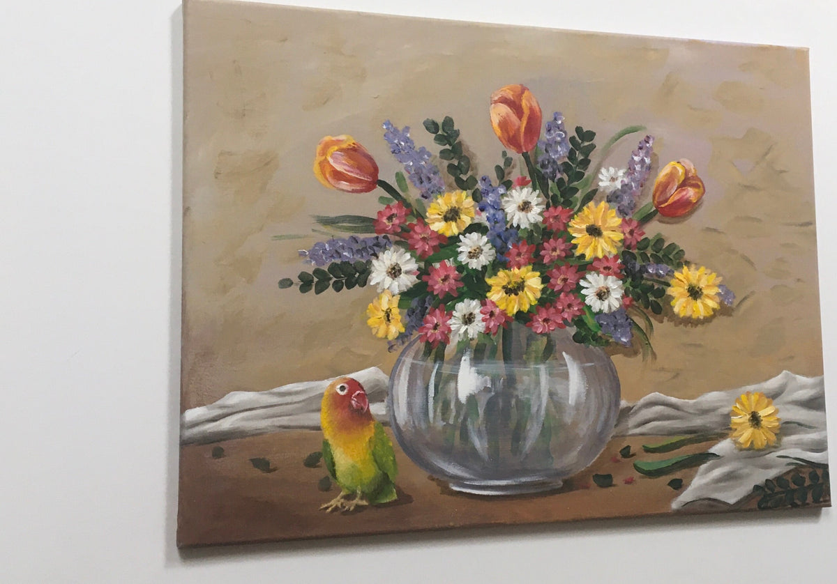 Original oil painting lovebird with flowers art ready ooak wall hanging gift