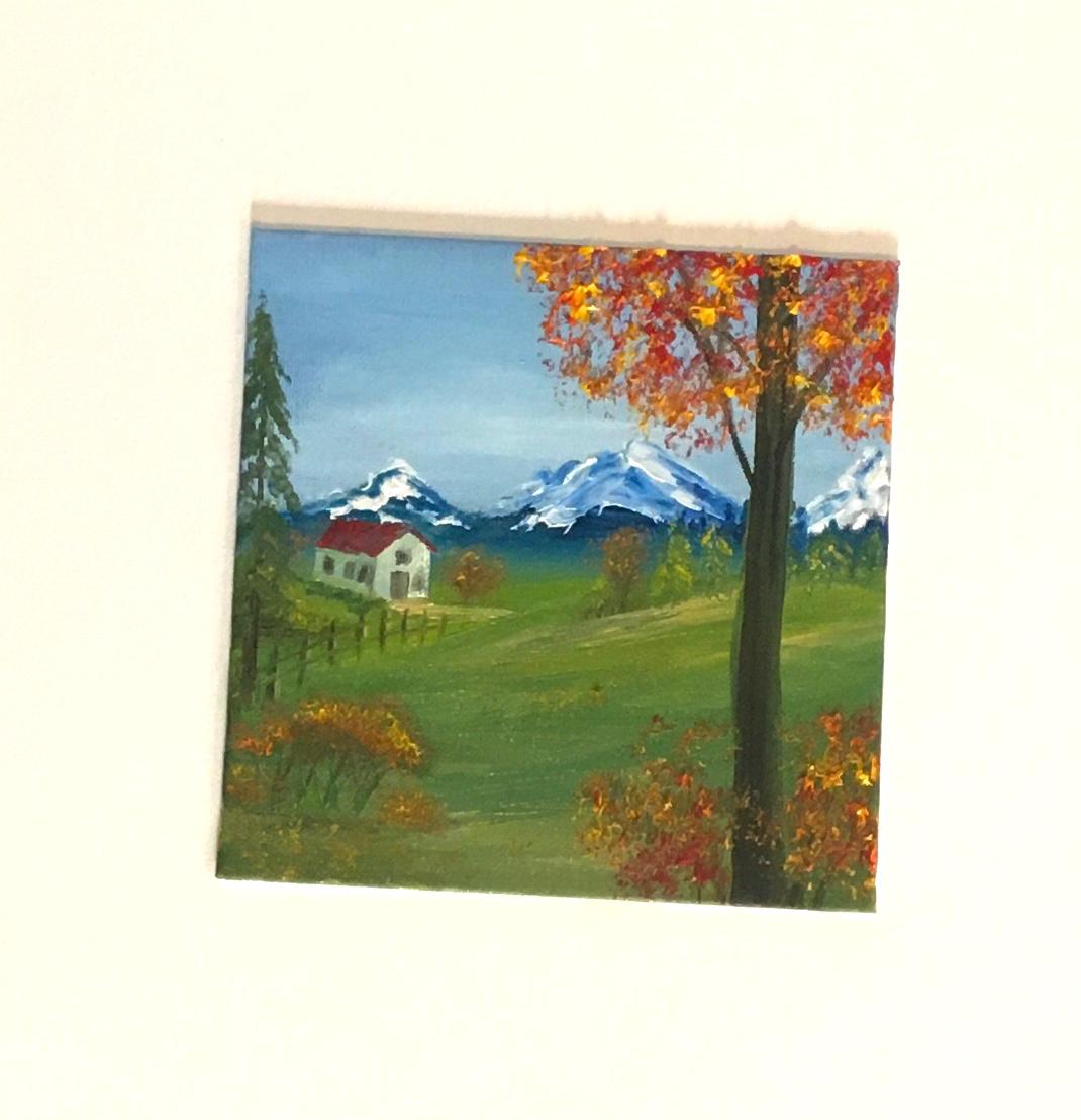 Original 6x6 inches oil painting landscape mountain trees small canvas art