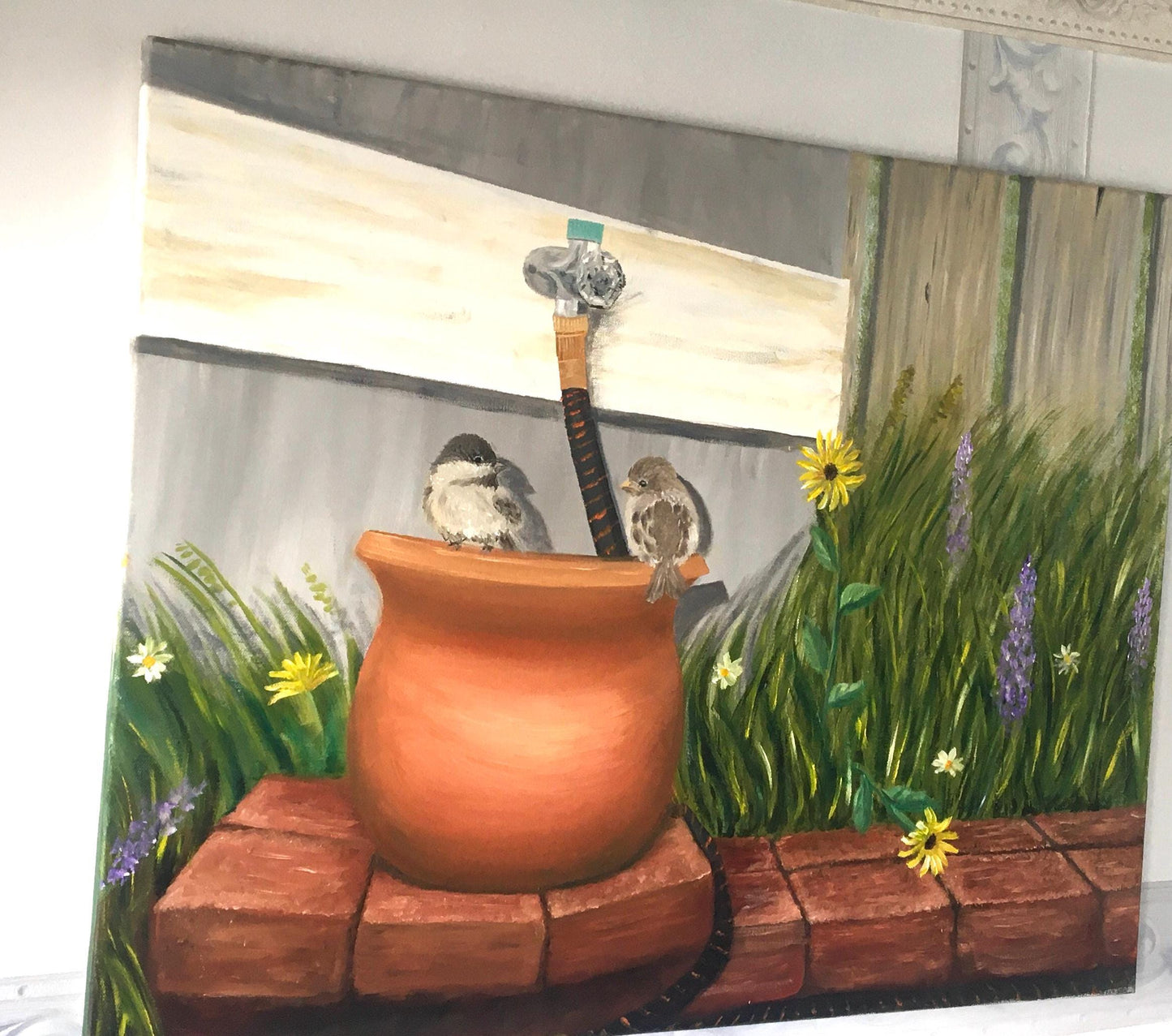 Original oil painting birds chickadee art ready ooak wall hanging unique