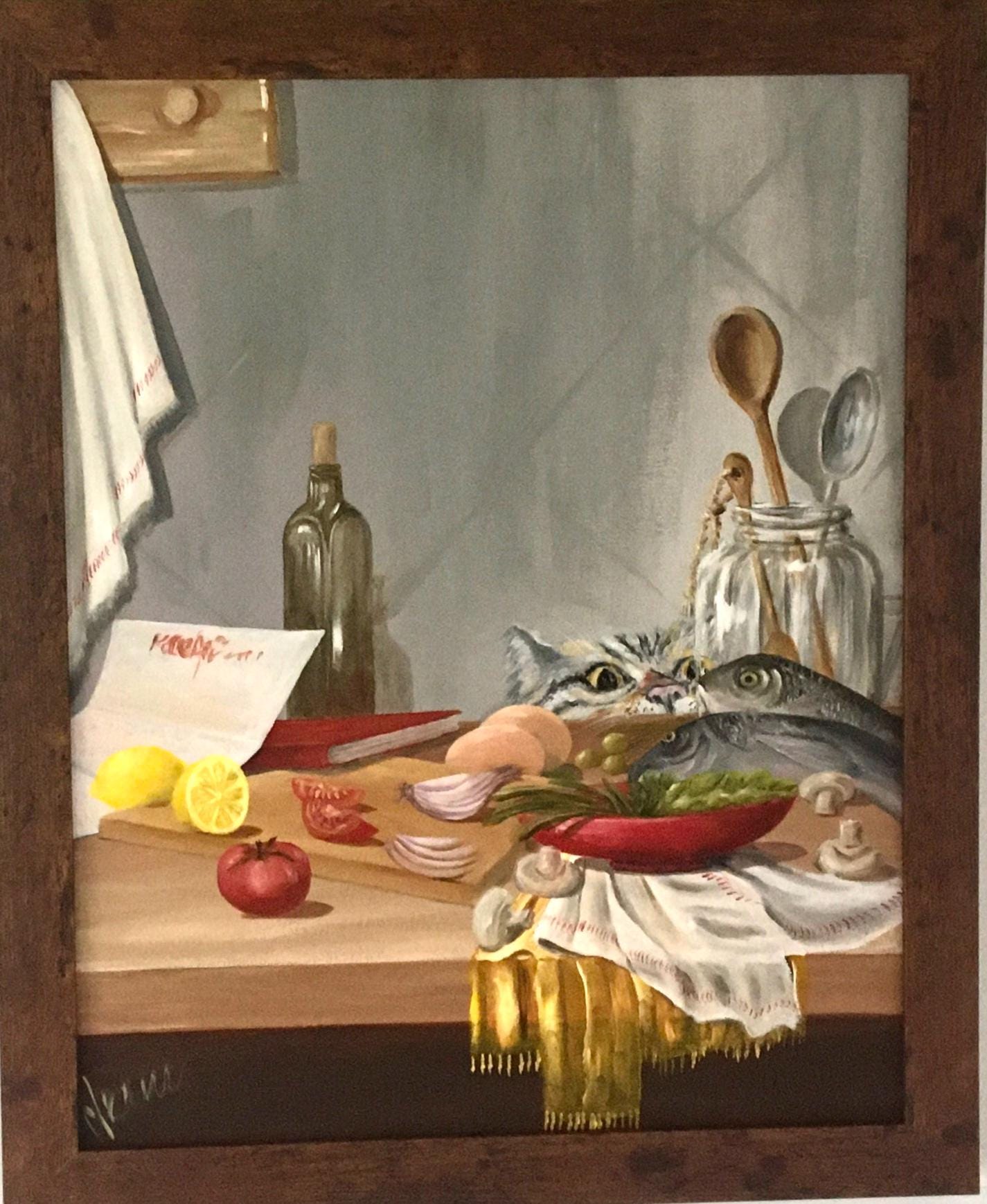 Original oil painting cute cat fish kitchen art ready ooak wall hanging gift