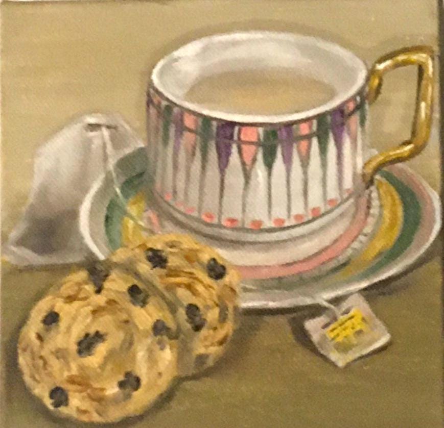 Tea and cookies 6x6 inches Original oil painting art wall hanging