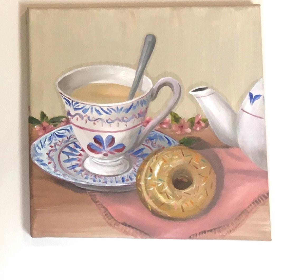 Tea time 10x10 inches Original oil painting art wall hanging