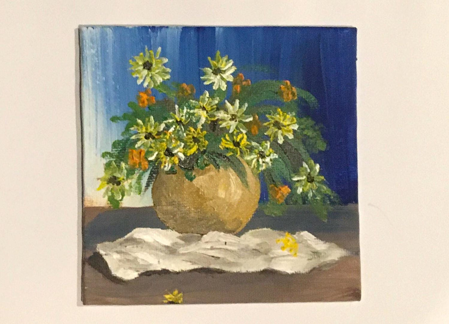 Original 4x4 oil painting still life flowers daisies small canvas art