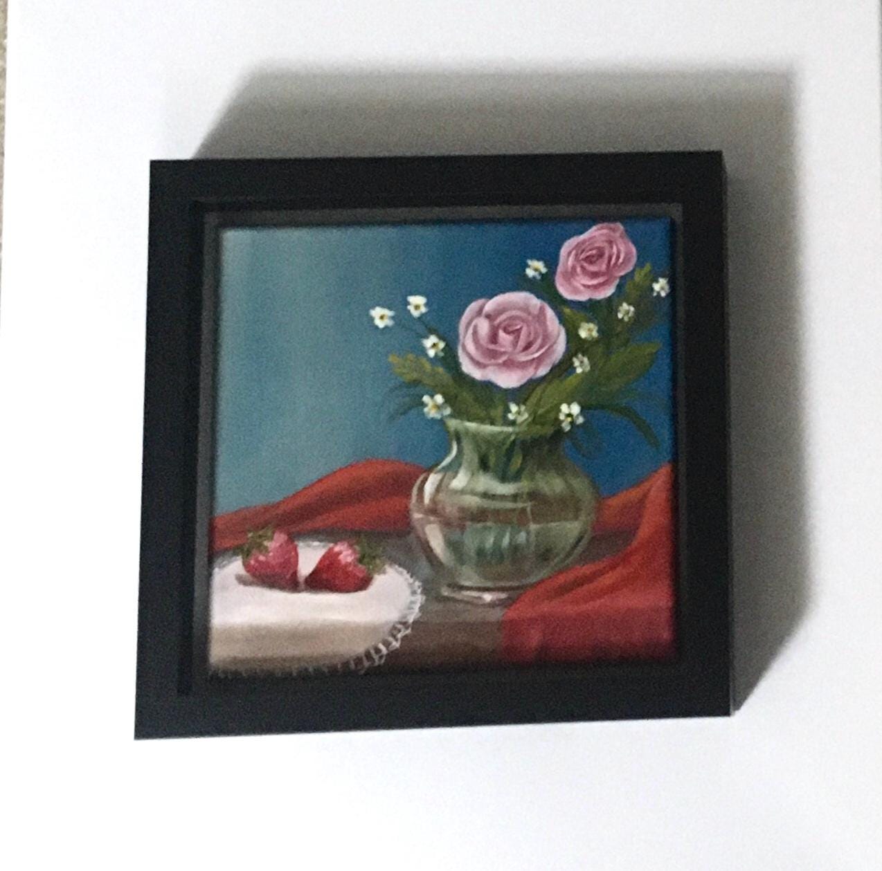 Original oil painting 8x8 inches red strawberries flowers vase art ready ooak wall hanging gift