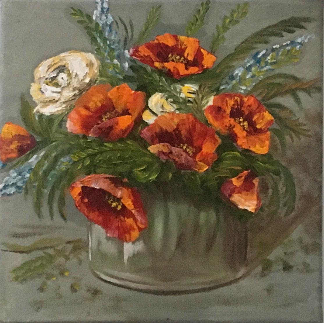 10x10 Original oil painting red flowers in a vase art ready ooak wall hanging gift