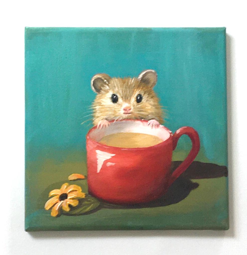 Original oil painting 8x8 inches pet hamster red cup art ready ooak wall hanging gift