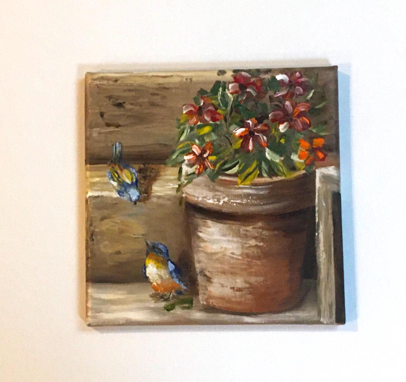 Original oil painting 8x8 inches birds flower pot art ready ooak wall hanging gift