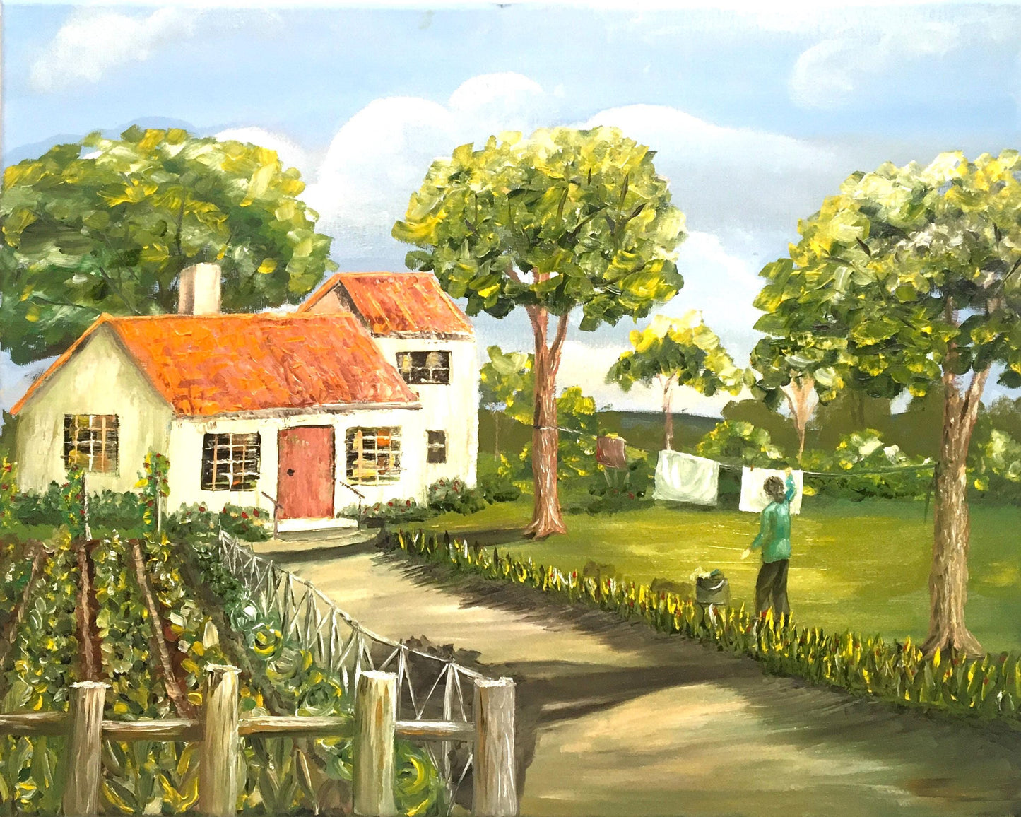 Landscape home 16x20 inches Original oil painting outdoor sunny day art wall hanging