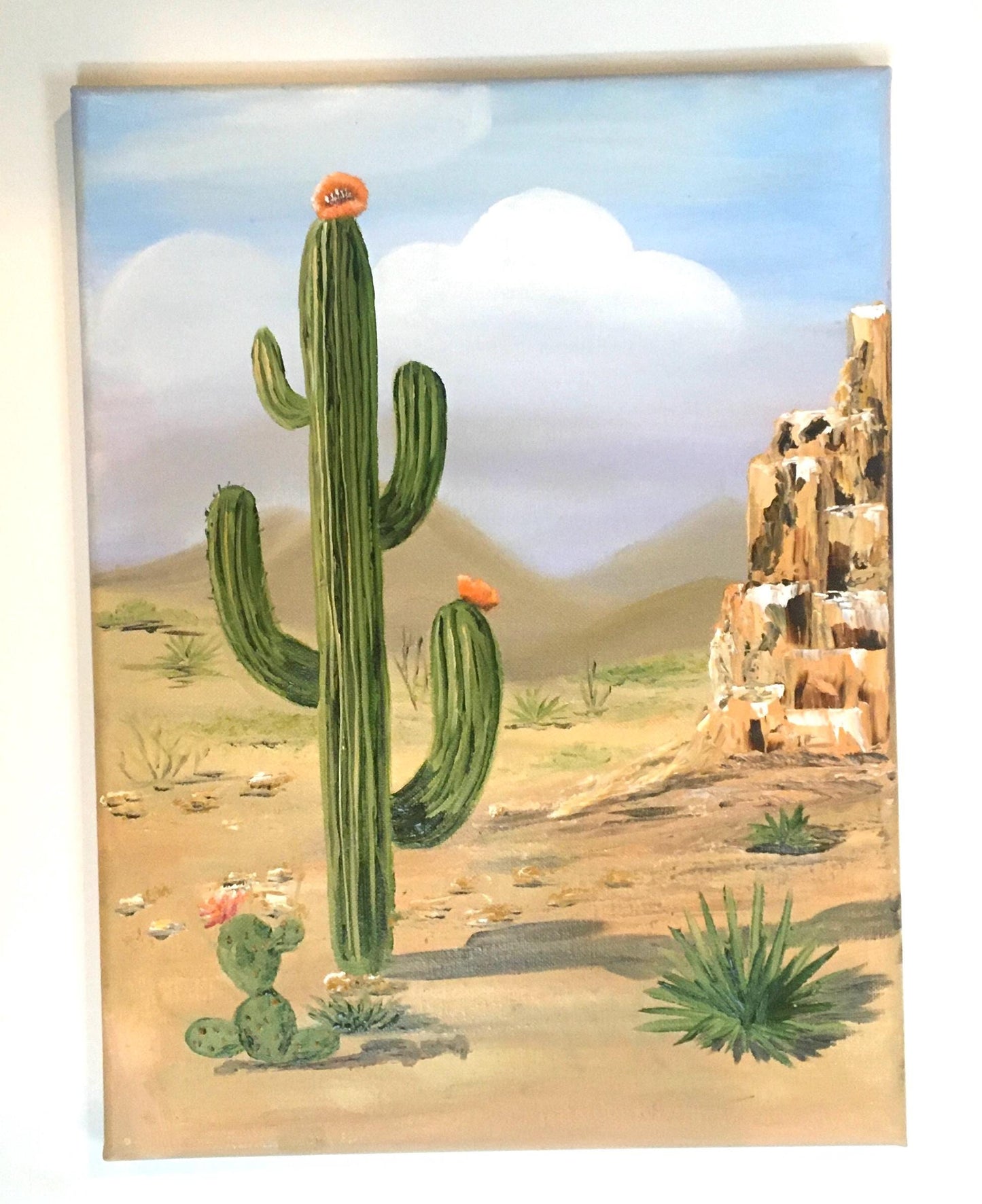 Landscape desert 16x12 inches Original oil painting cactus outdoor sunny day art wall hanging