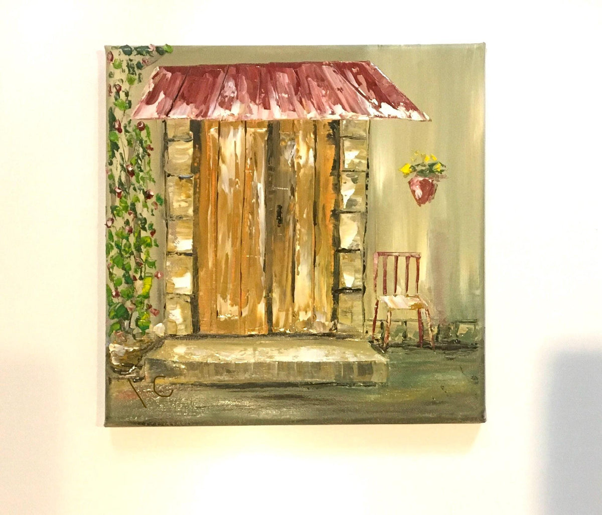 Landscape house cozy home table for two Original oil painting art wall hanging