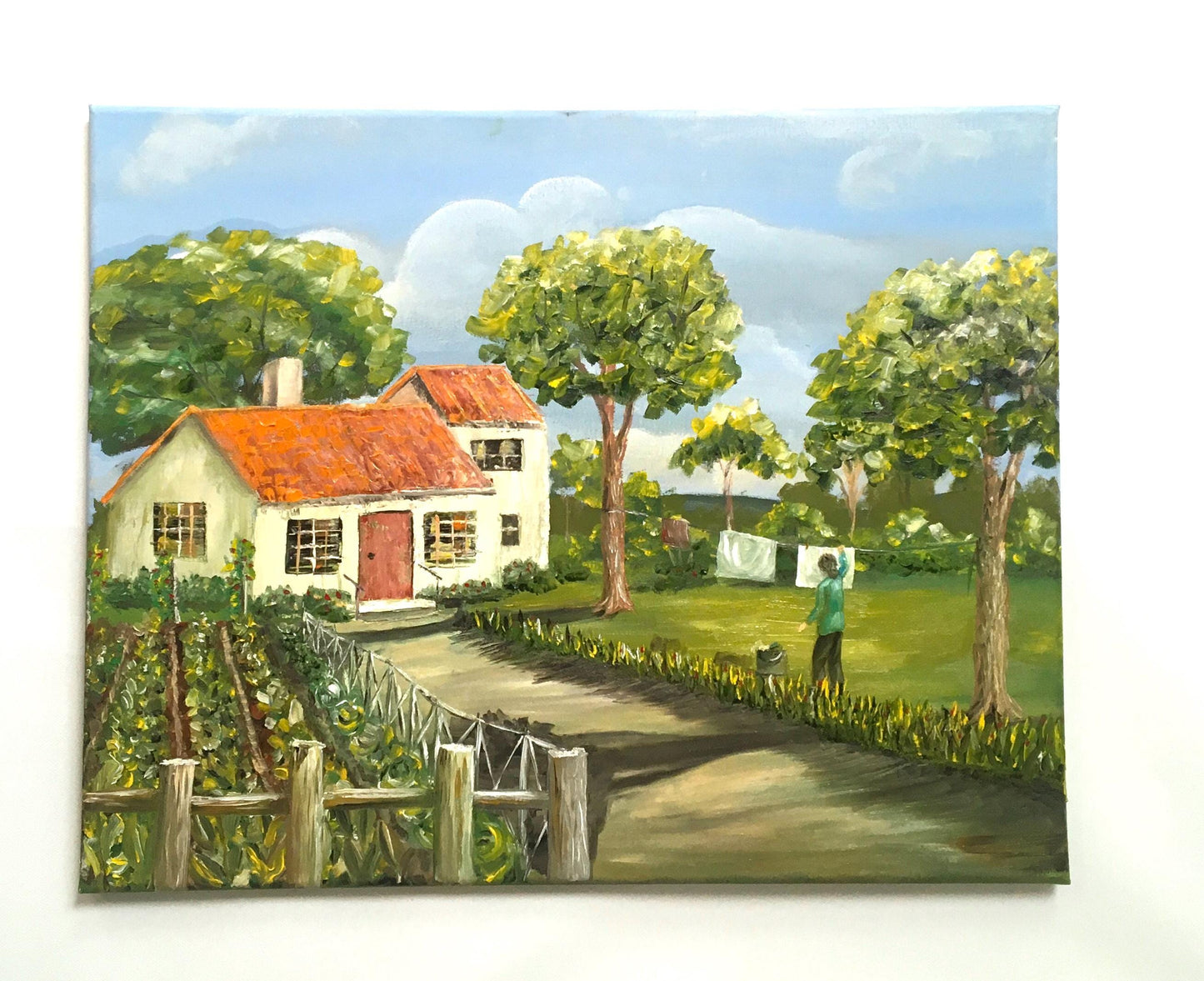 Landscape home 16x20 inches Original oil painting outdoor sunny day art wall hanging
