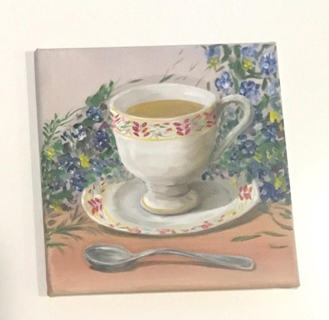 Original 10x10 oil painting tea cup flowers kitchen art ready ooak wall hanging gift