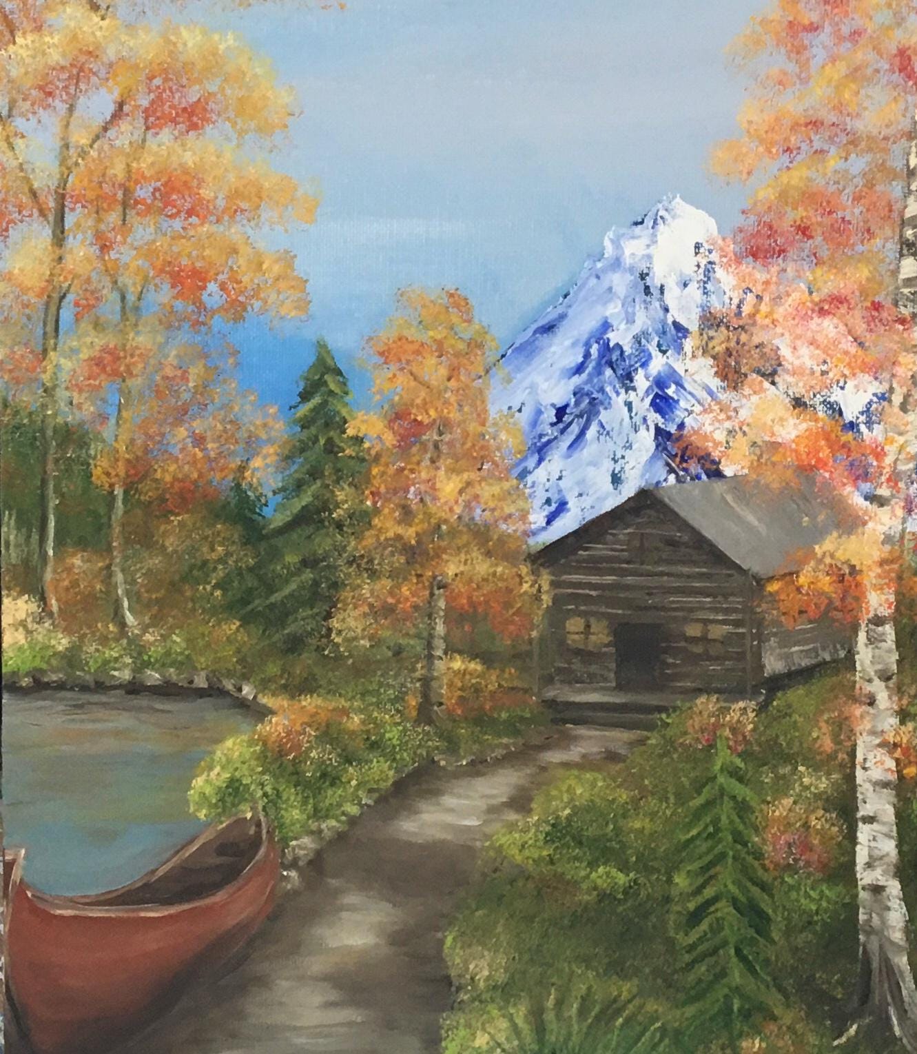14x11 inches Landscape relaxing outdoor boat stream cottage trees Original oil painting art wall hanging
