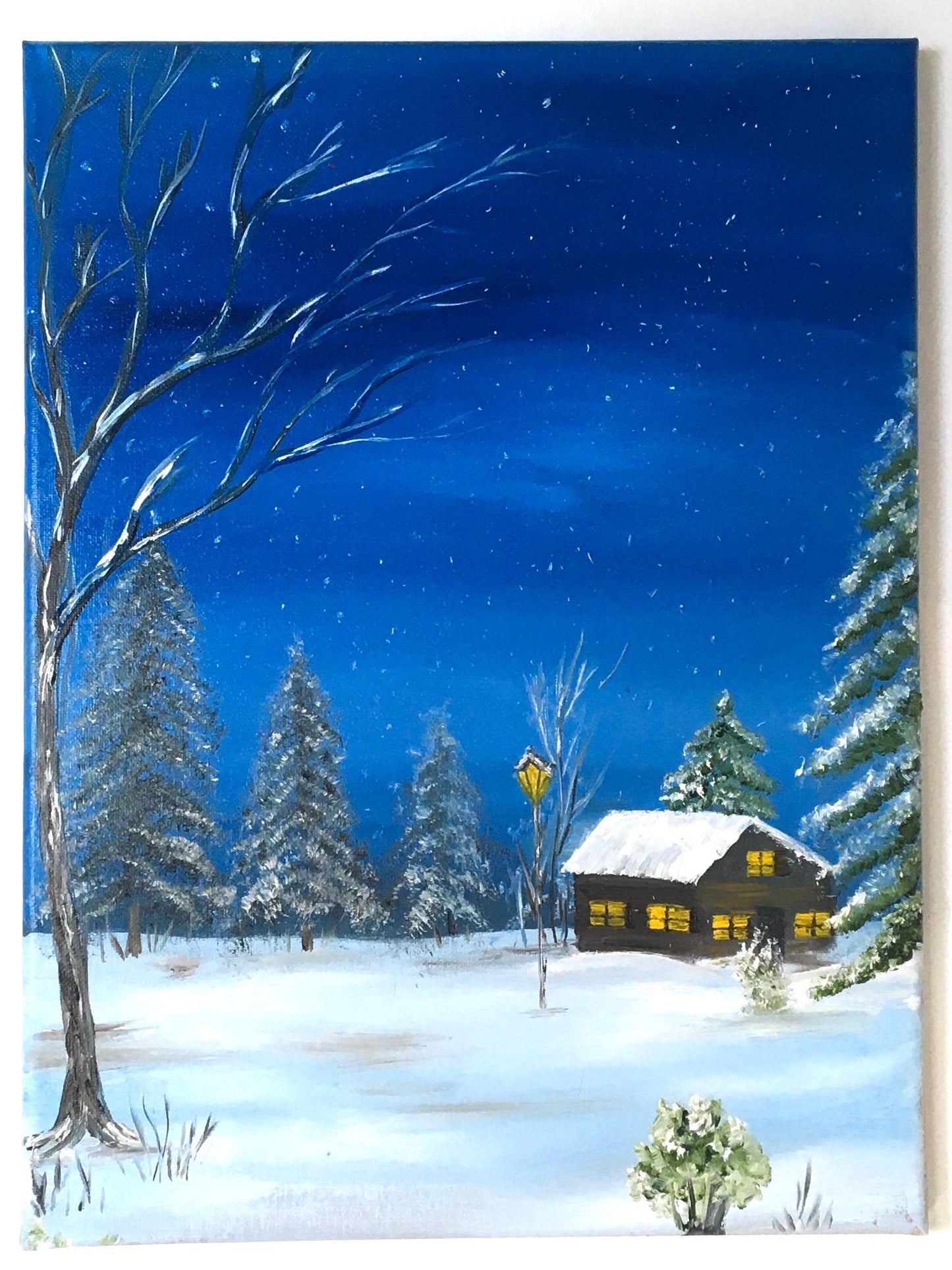Landscape winter night 16x20 inches Original oil painting outdoor snow art wall hanging