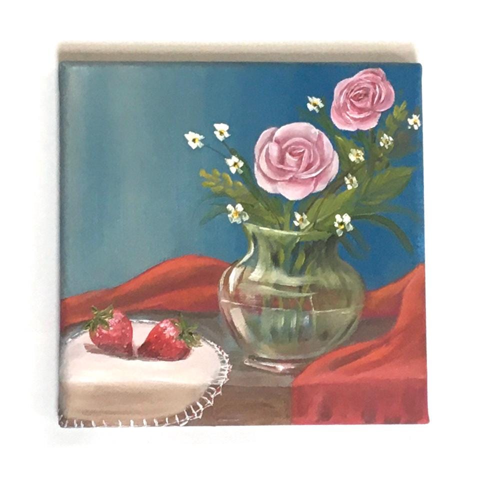 Original oil painting 8x8 inches red strawberries flowers vase art ready ooak wall hanging gift