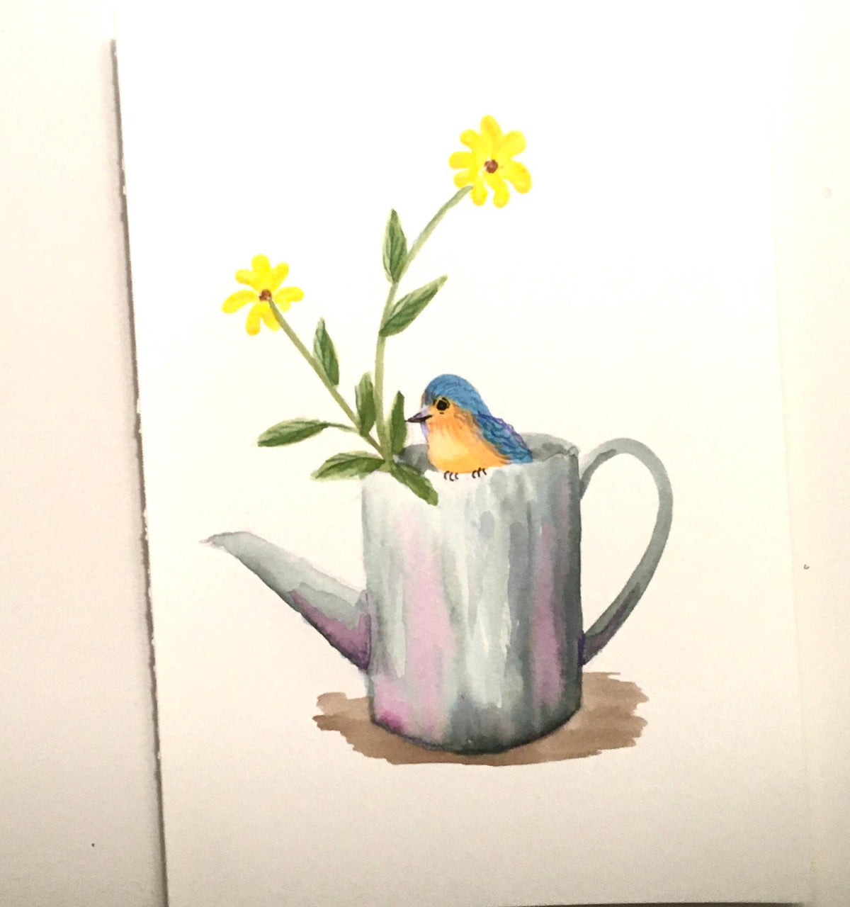 Bird on watering can 7x10 inches Original painting watercolor art (not print)