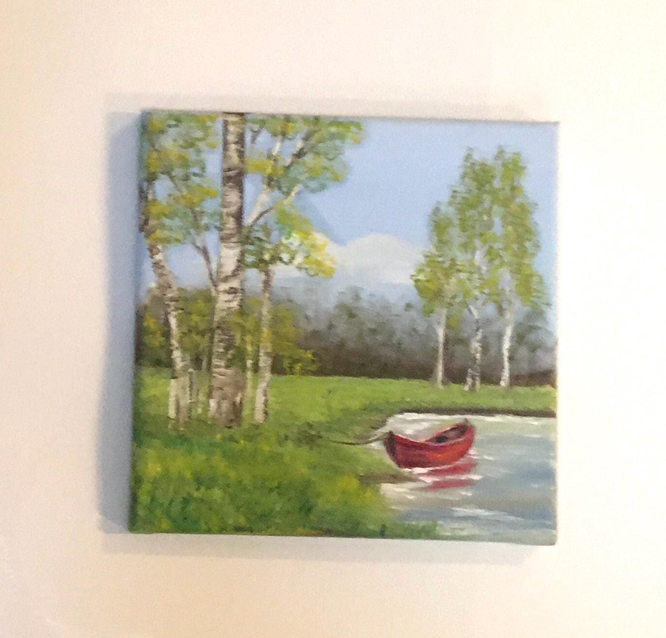 Original oil painting 8x8 inches landscape boat outdoors art ready ooak wall hanging gift