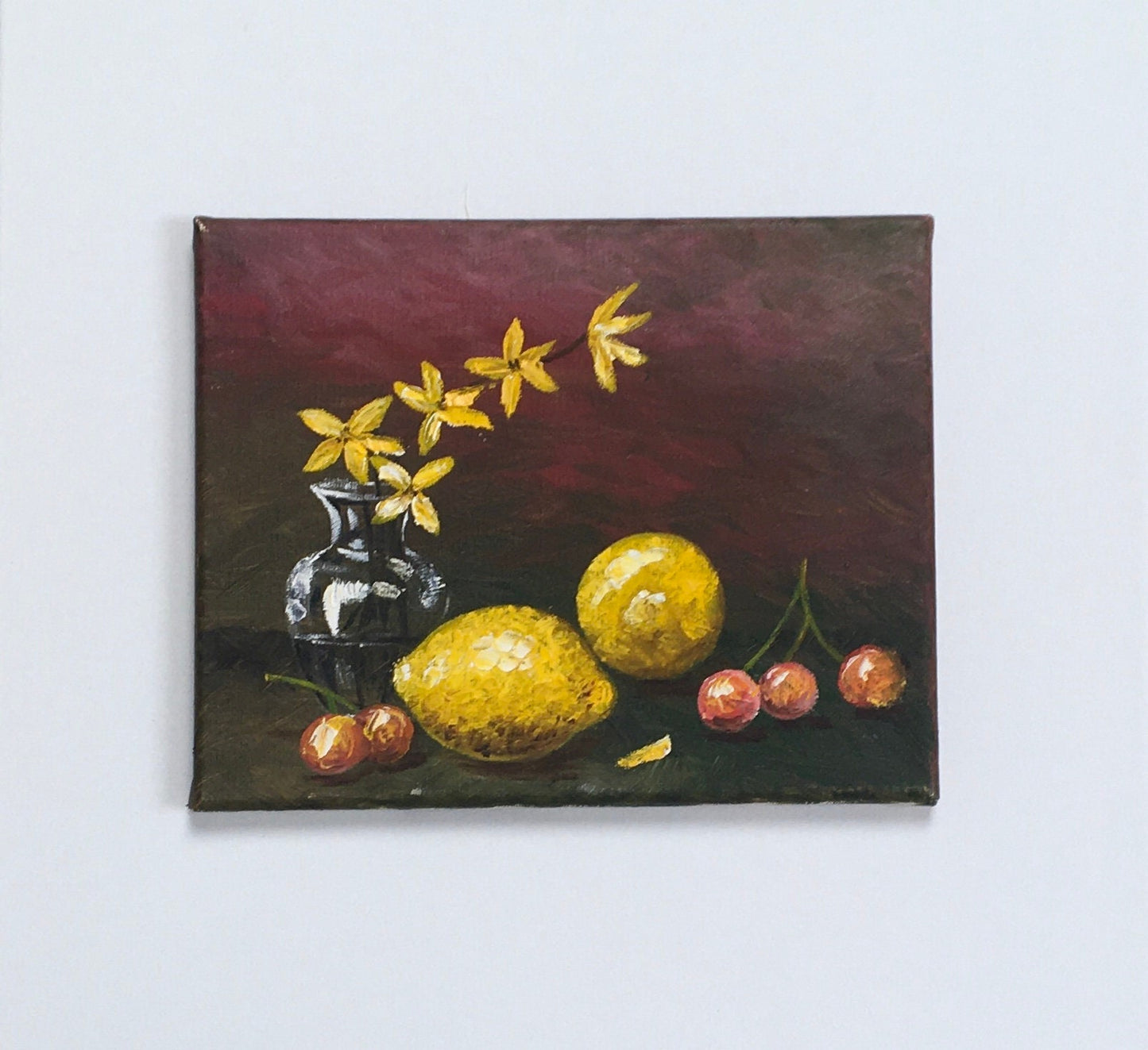 Original oil painting art Lemons cherries kitchen food wall hanging