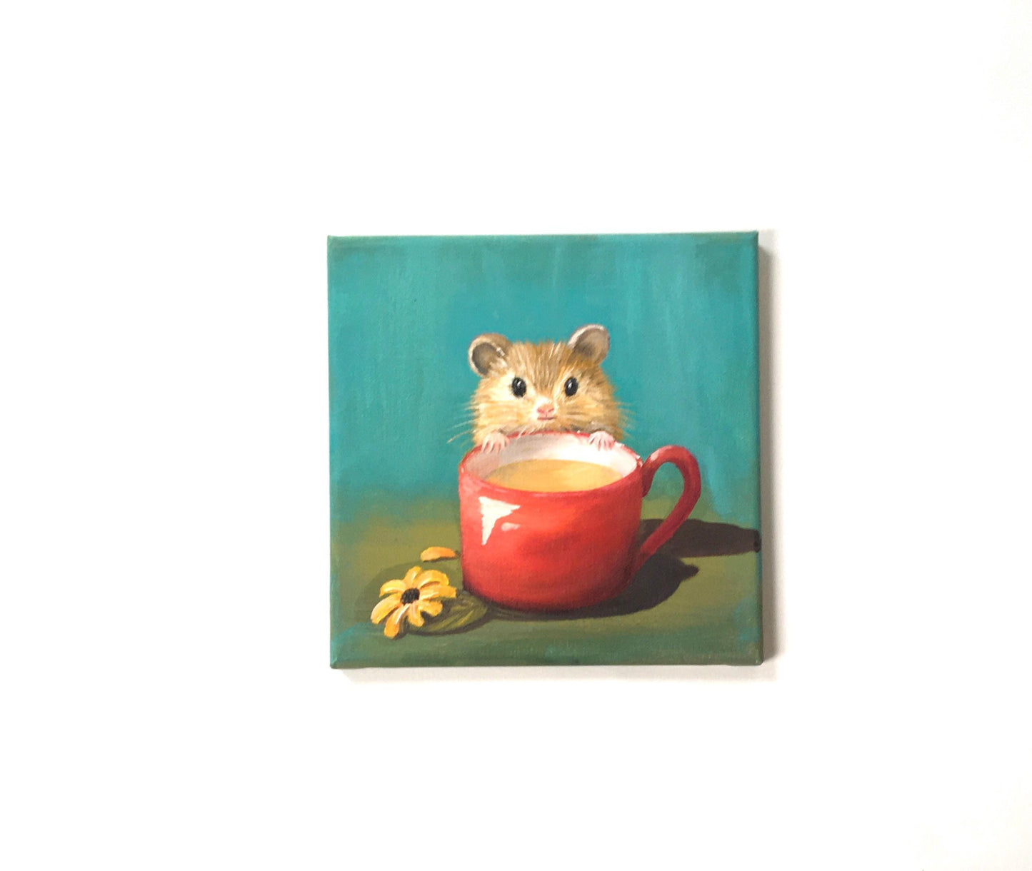 Original oil painting 8x8 inches pet hamster red cup art ready ooak wall hanging gift