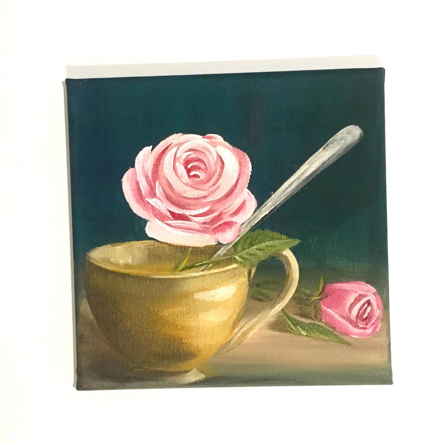 Original oil painting 8x8 inches pink rose flower in a teacup art ready ooak wall hanging gift