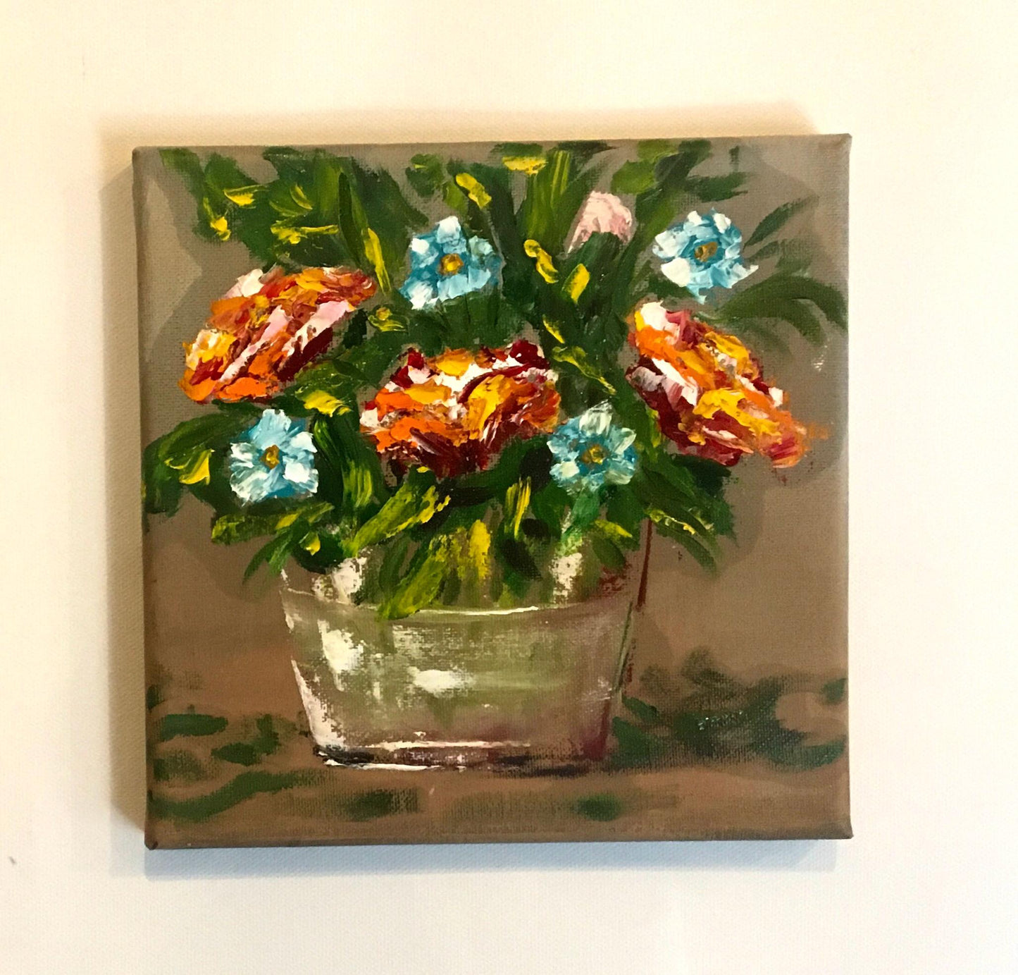 Original oil painting 8x8 inches blue red flower glass vase art ready ooak wall hanging gift
