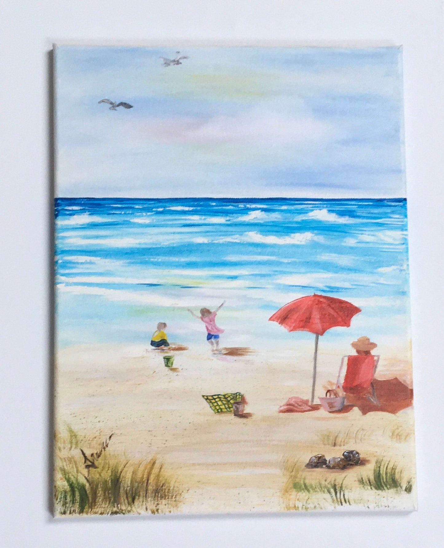 Seascape relaxing beach playing happy kids outdoor Original oil painting art wall hanging