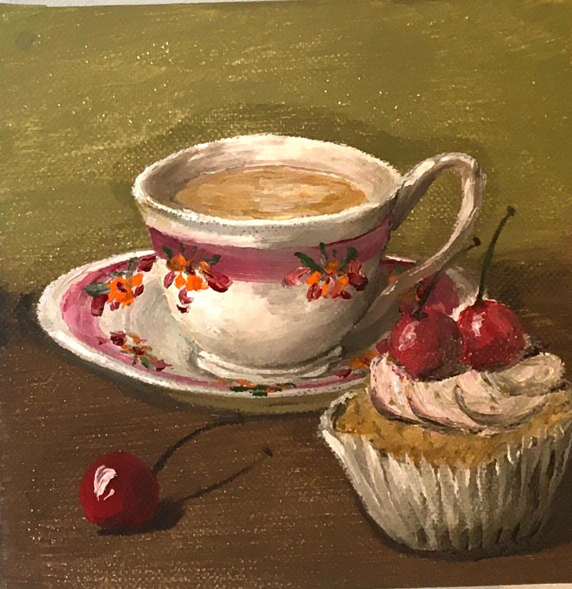 Tea and cupcake with cherries on top 6x6 inches Original oil painting art wall hanging desk decoration