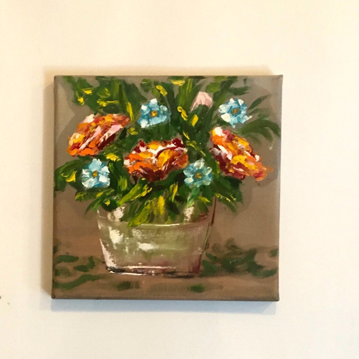 Original oil painting 8x8 inches blue red flower glass vase art ready ooak wall hanging gift