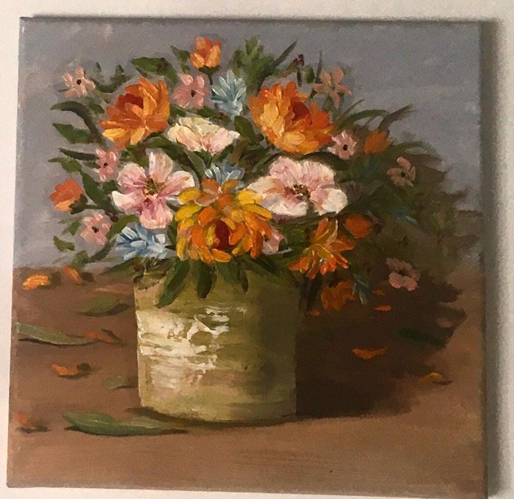 10x10 Original oil painting flowers in a vase art ready ooak wall hanging gift
