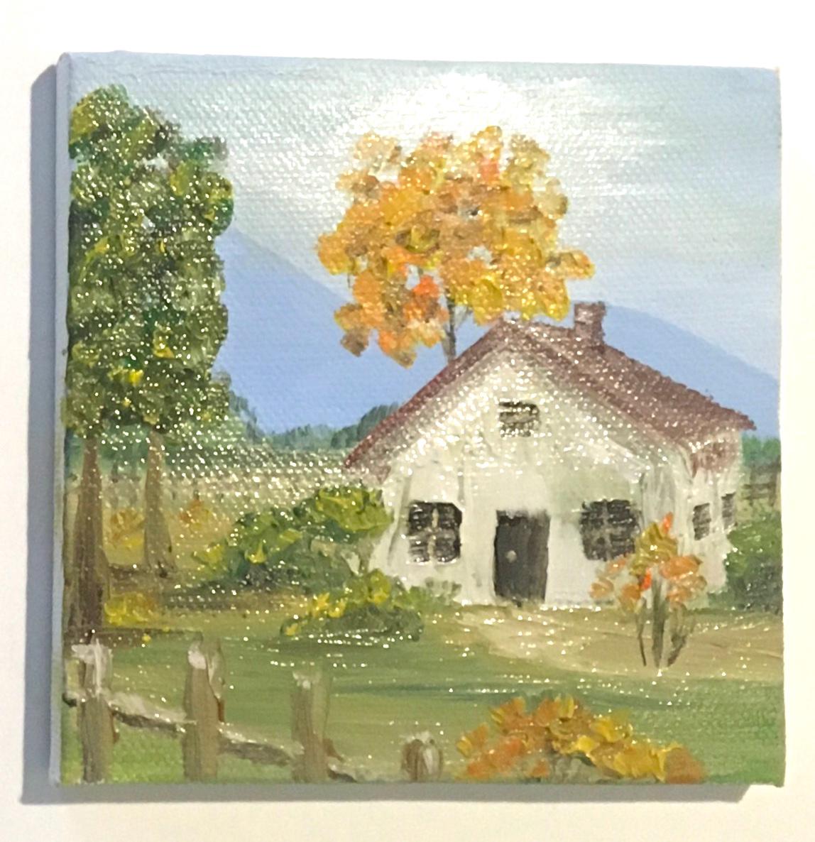 Landscape house 4x4 inches Original oil painting art wall hanging