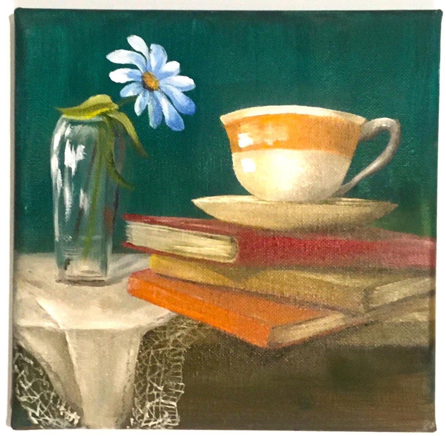 Original oil painting 8x8 inches teacup on books flower vase art ready ooak wall hanging gift