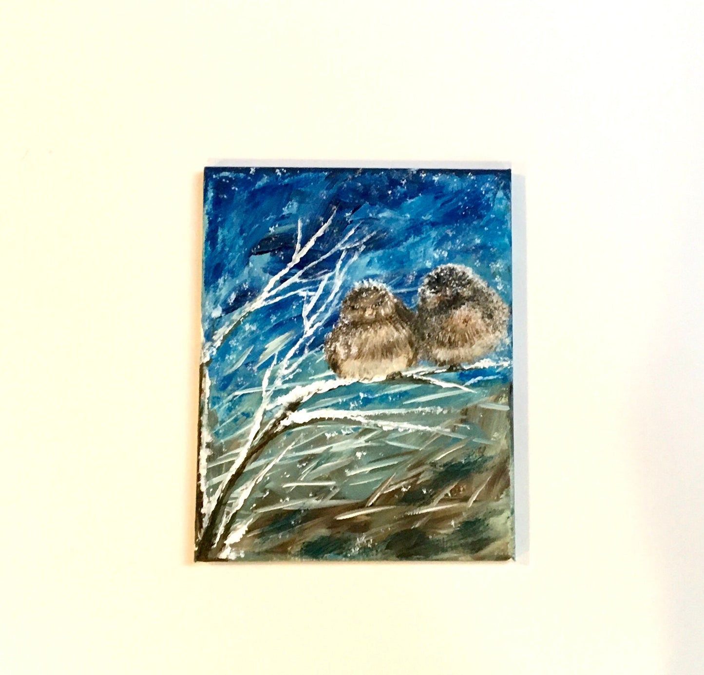 Love forever 8x10 inches Original oil painting birds chickadee in snow storm art ready wall hanging