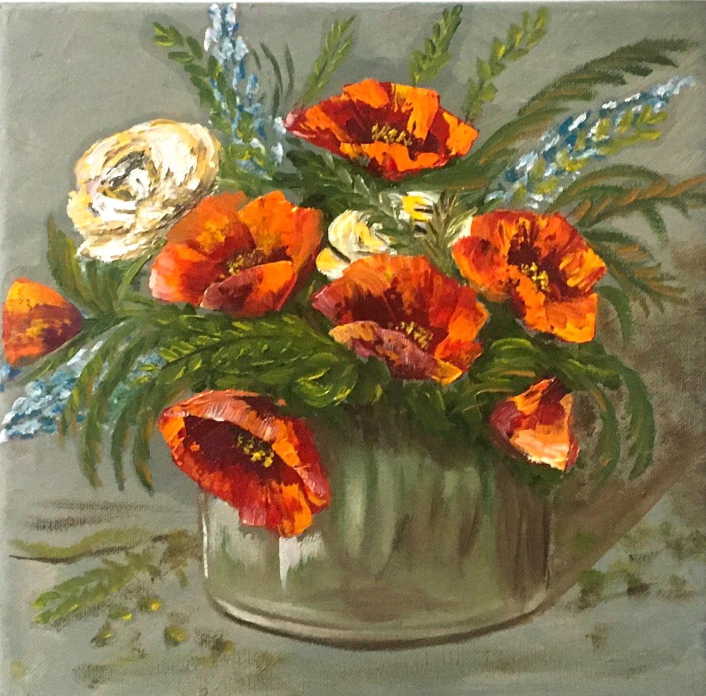 10x10 Original oil painting red flowers in a vase art ready ooak wall hanging gift