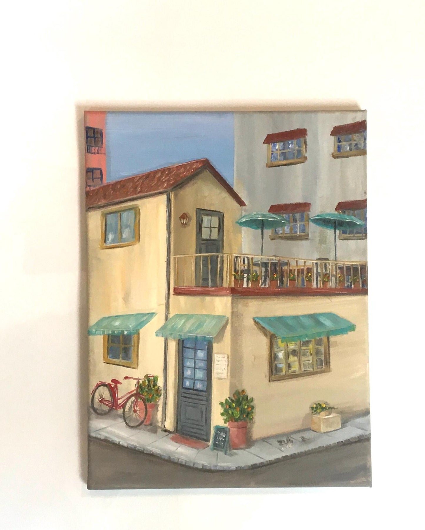 Rooftop restaurant sunny day 16x12 inches Original oil painting art wall hanging