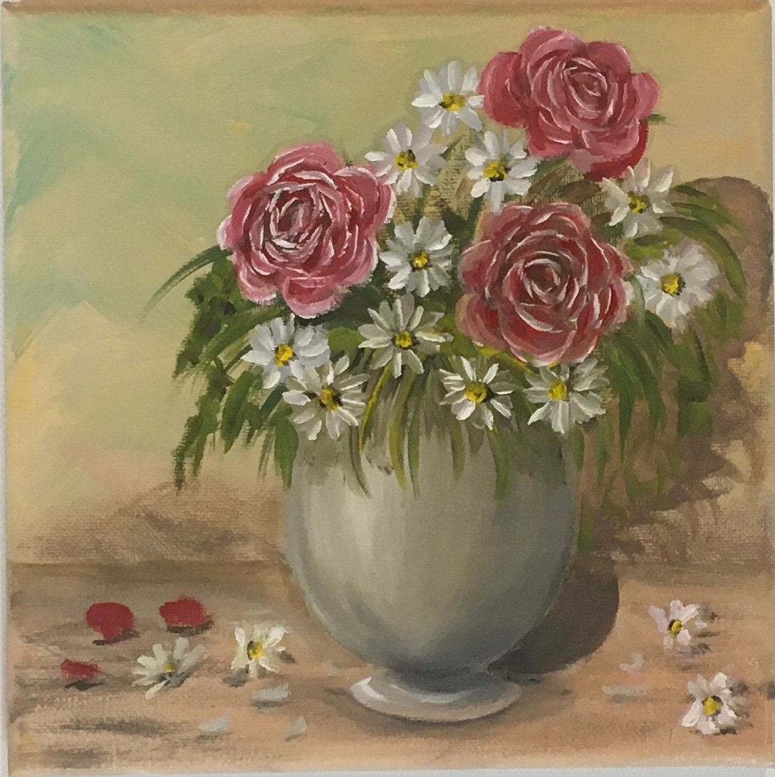 Original oil painting red rose flowers art ready ooak wall hanging gift