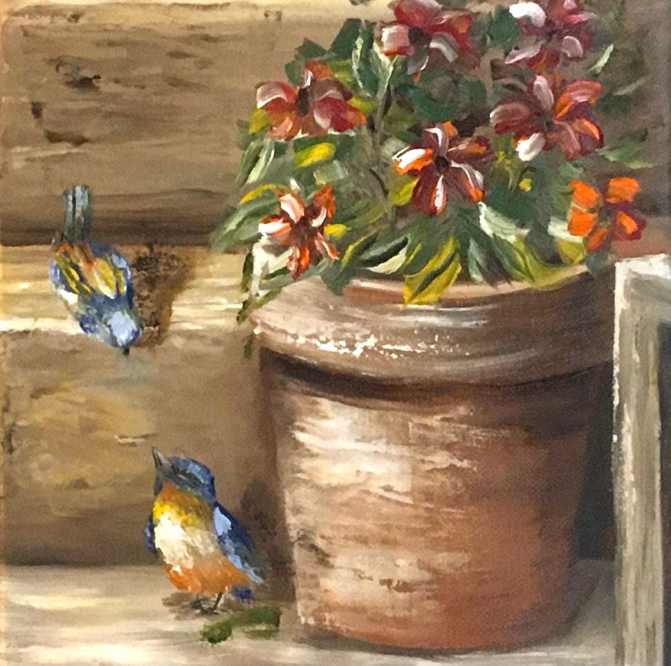 Original oil painting 8x8 inches birds flower pot art ready ooak wall hanging gift