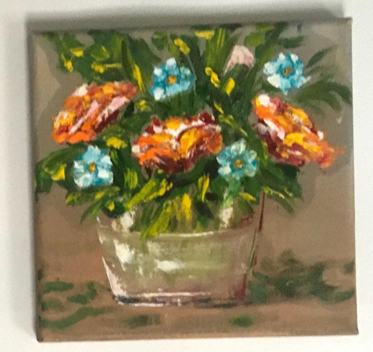 Original oil painting 8x8 inches blue red flower glass vase art ready ooak wall hanging gift
