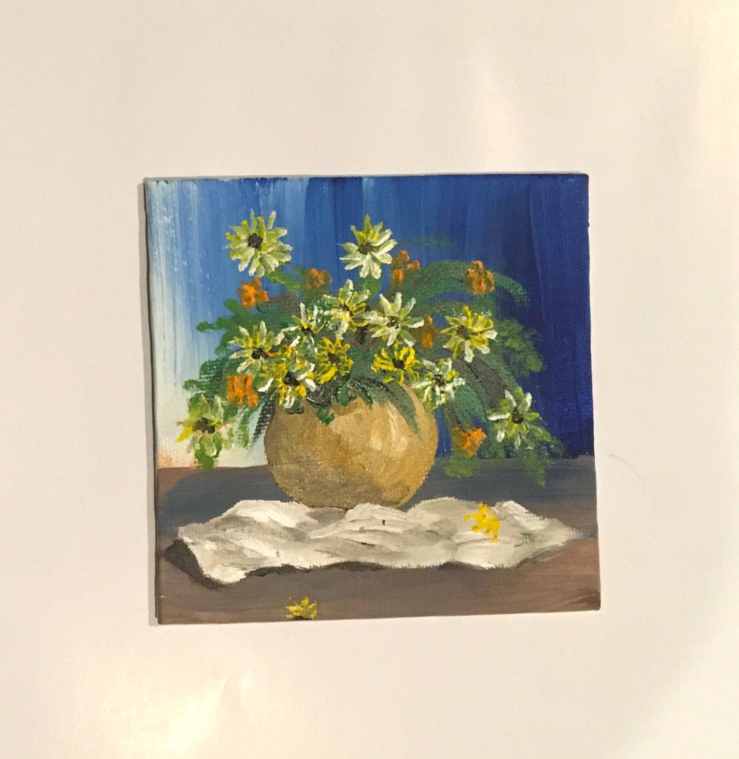 Original 4x4 oil painting still life flowers daisies small canvas art