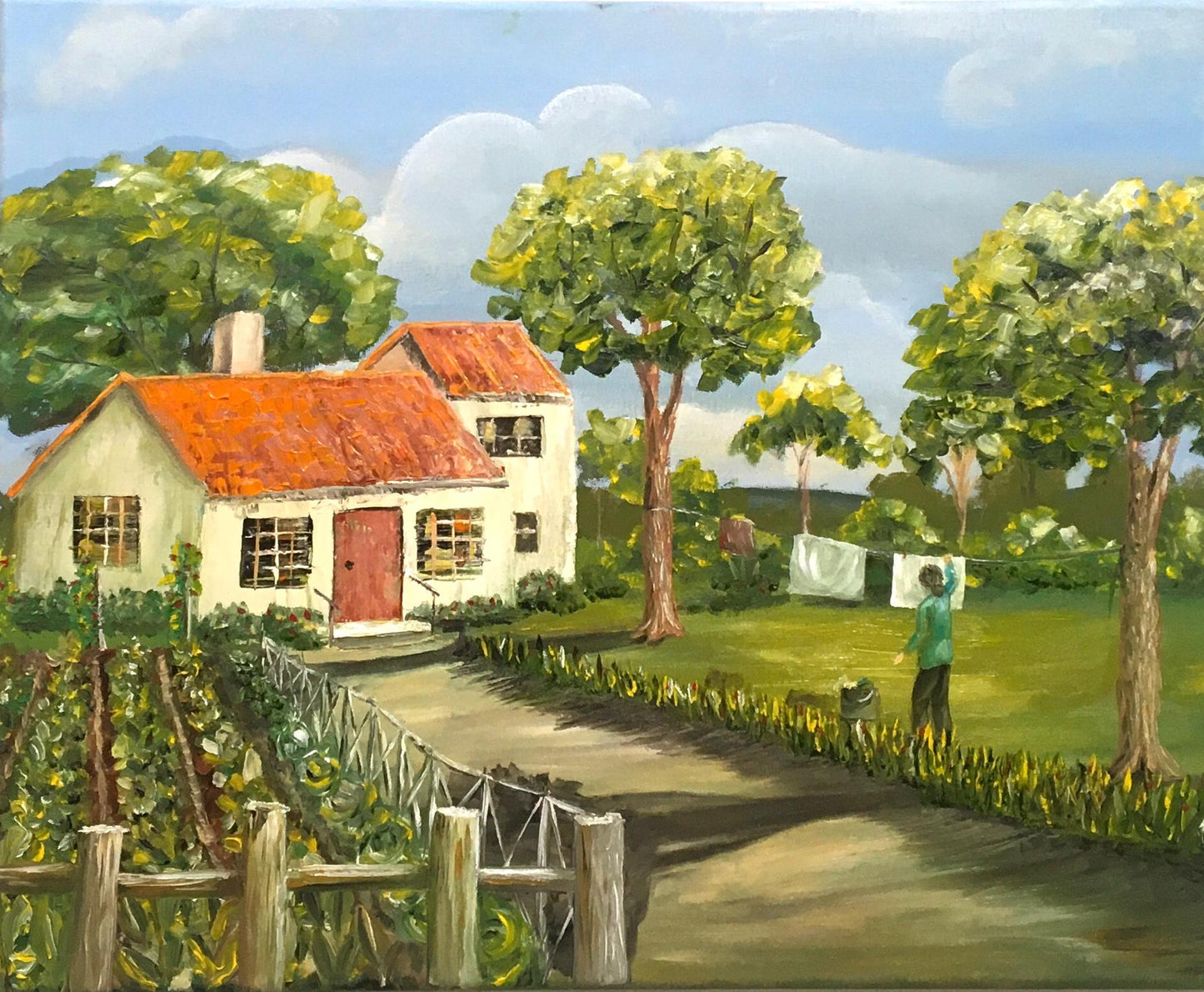 Landscape home 16x20 inches Original oil painting outdoor sunny day art wall hanging