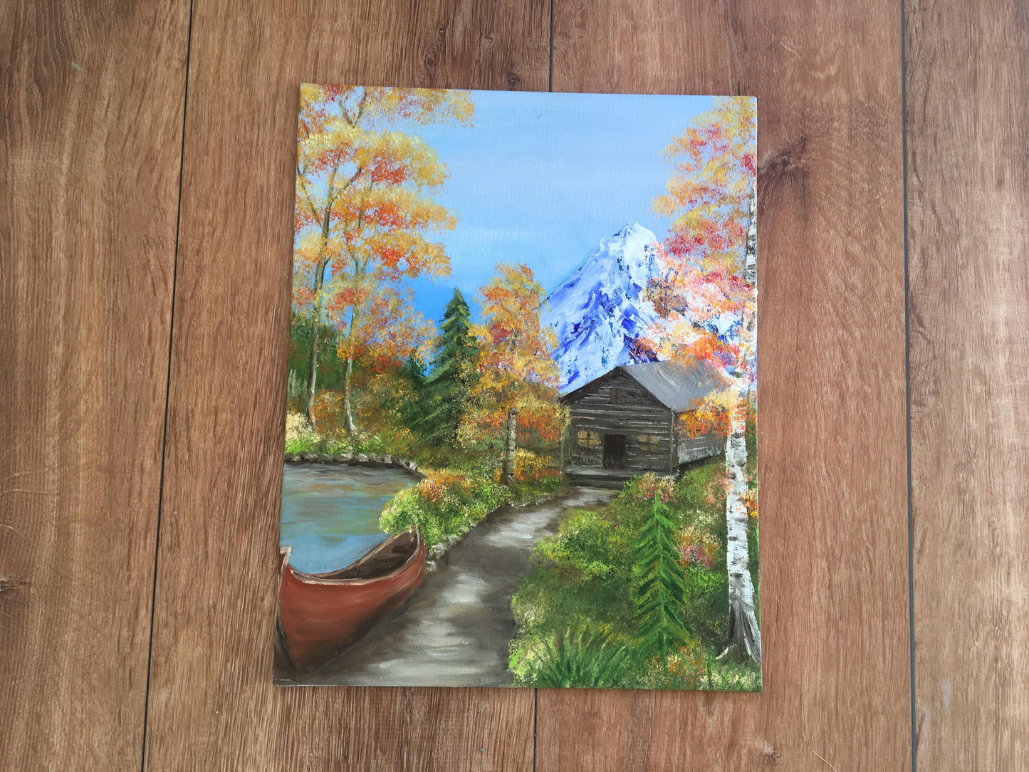 14x11 inches Landscape relaxing outdoor boat stream cottage trees Original oil painting art wall hanging