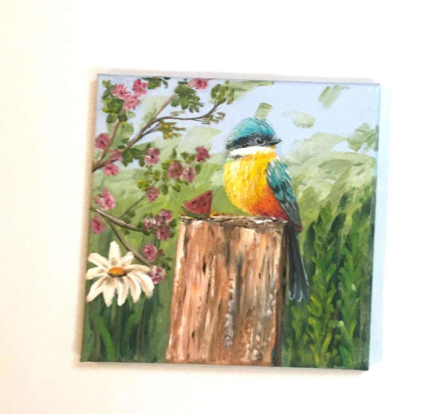 10x10 Original oil painting bird outside art ready ooak wall hanging gift